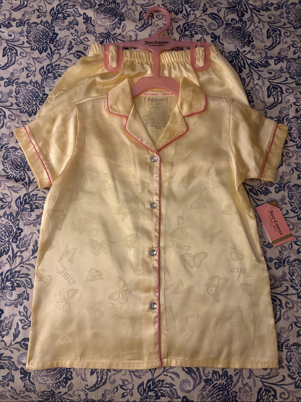 Juicy Couture Pale Yellow Satin Butterfly Short Pajama Set with Pink Trim 7/8